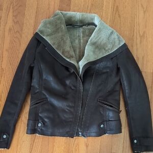 Weatherproof Dark Brown Leather Jacket with Shearling Collar